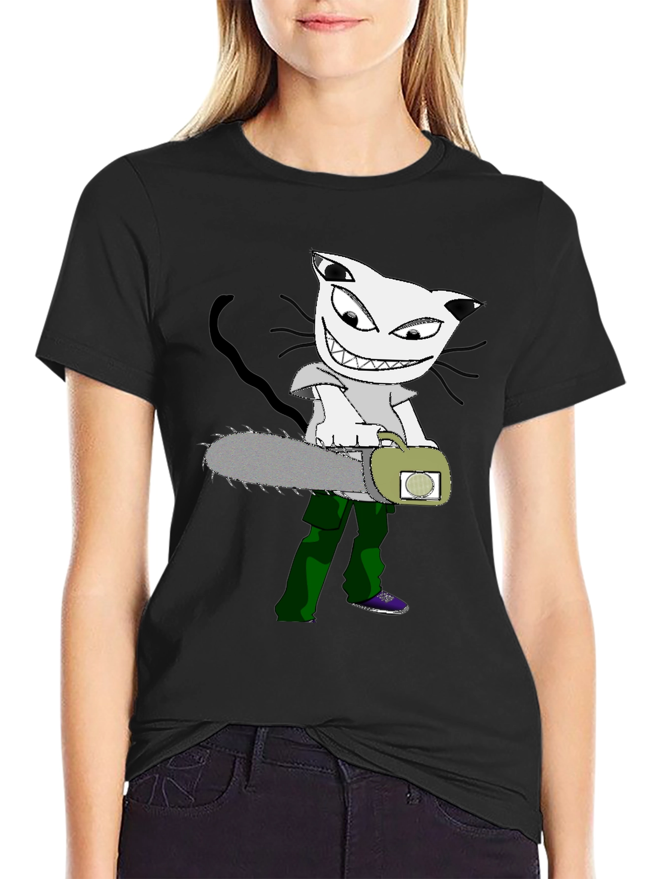 Cartoon Cat Chainsaw Graphic T-Shirt