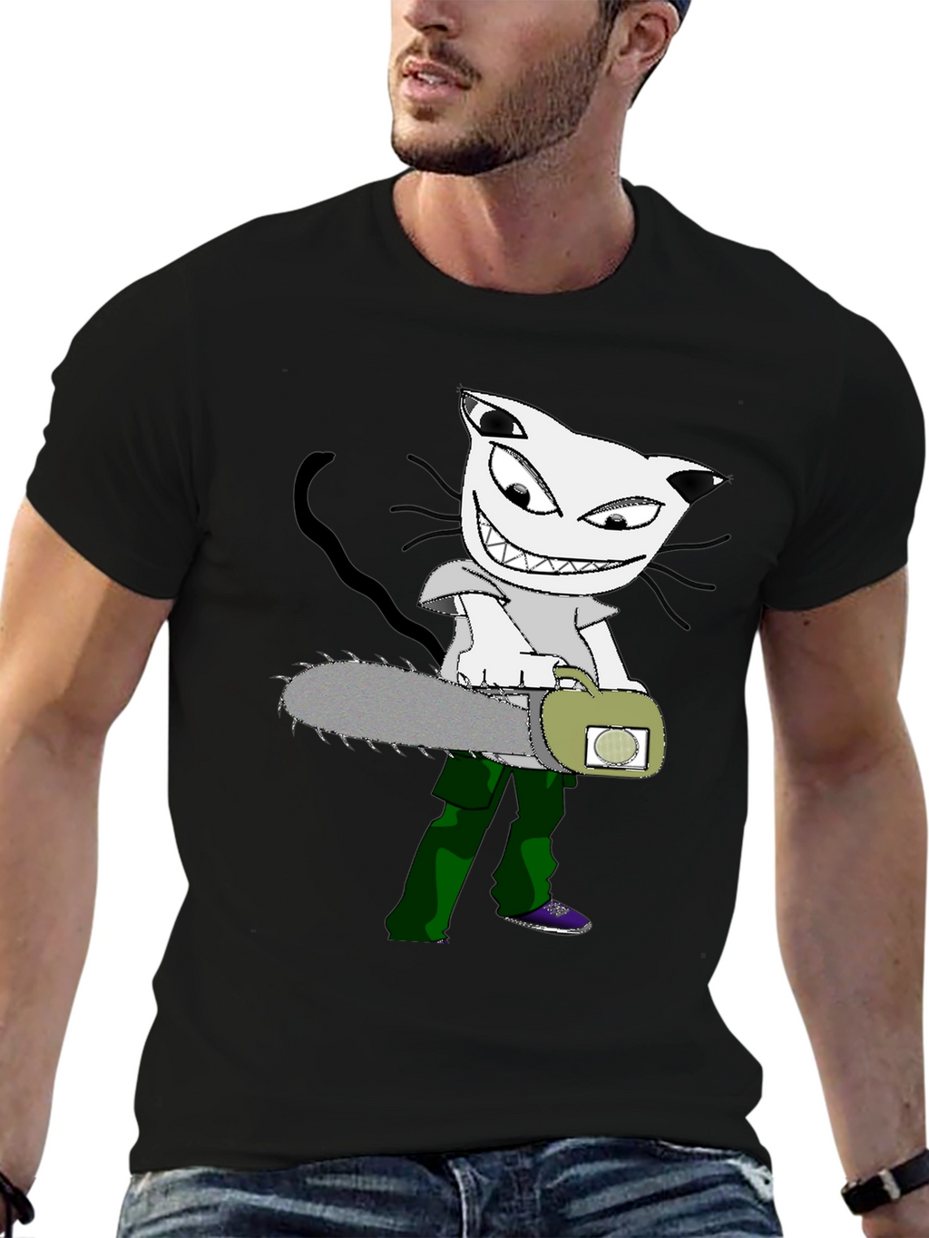 Cartoon Cat Chainsaw Graphic T-Shirt