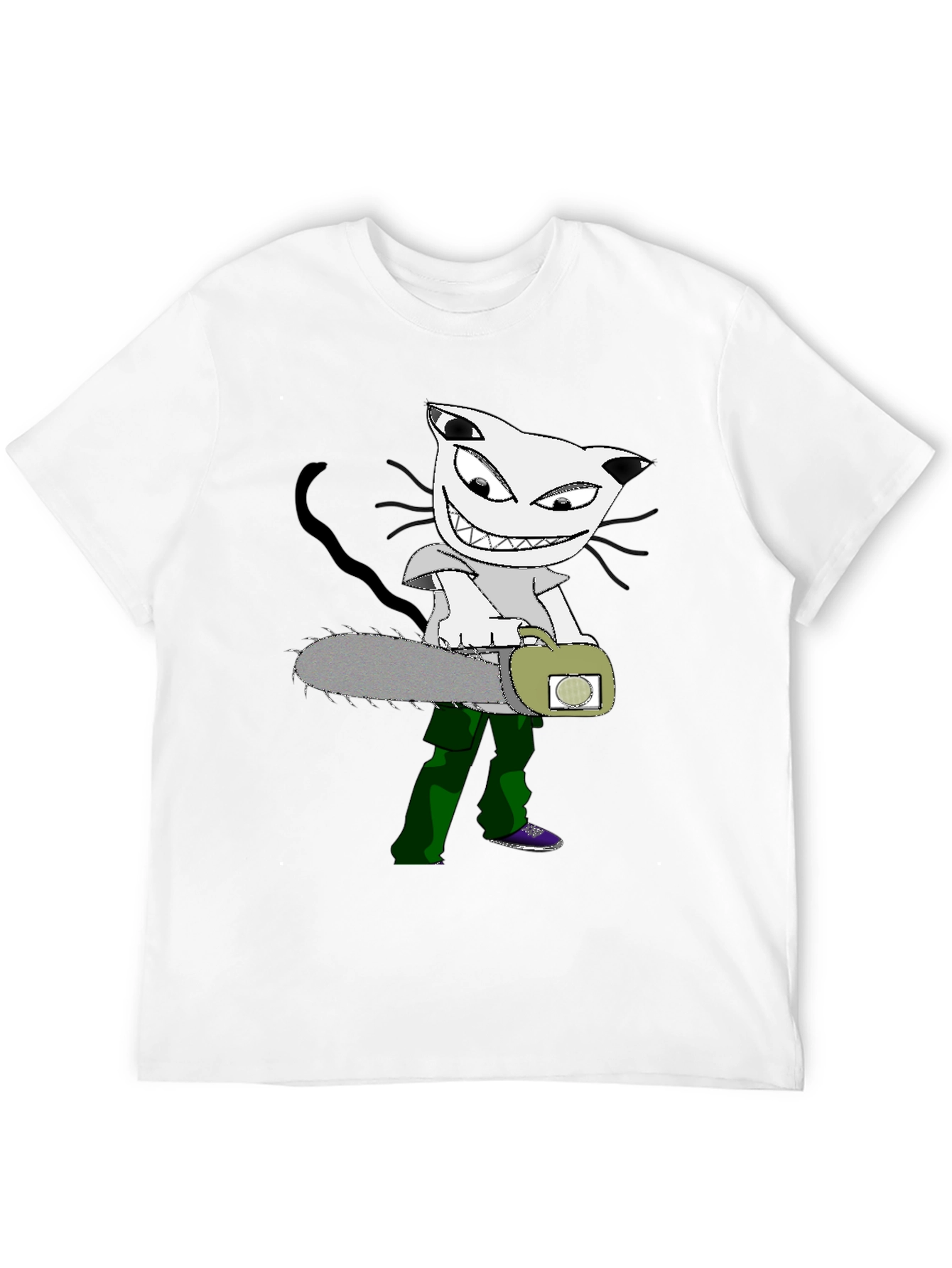 Cartoon Cat Chainsaw Graphic T-Shirt