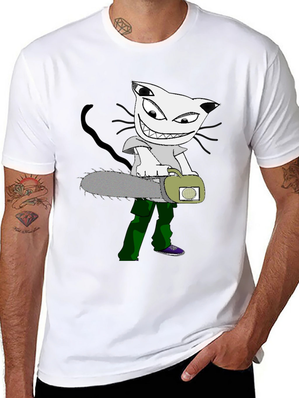 Cartoon Cat Chainsaw Graphic T-Shirt