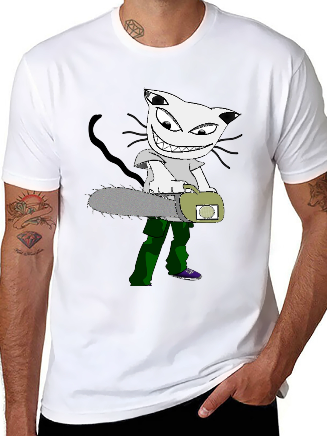 Cartoon Cat Chainsaw Graphic T-Shirt