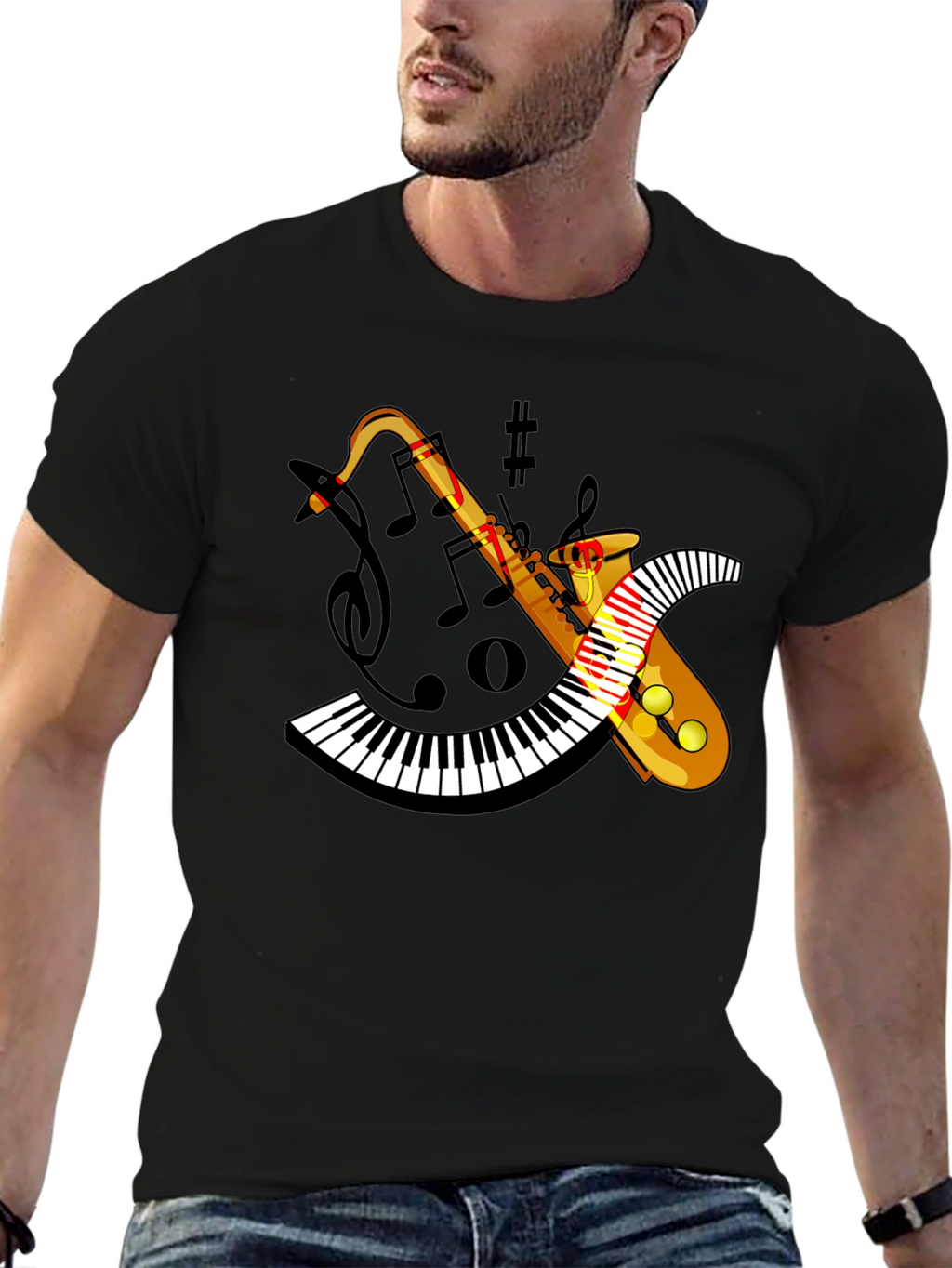 Saxophone Keyboard Graphic Black Tee