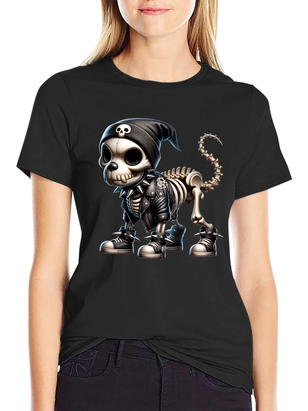 Skeleton Dog in Punk Rock Style Graphic Tee