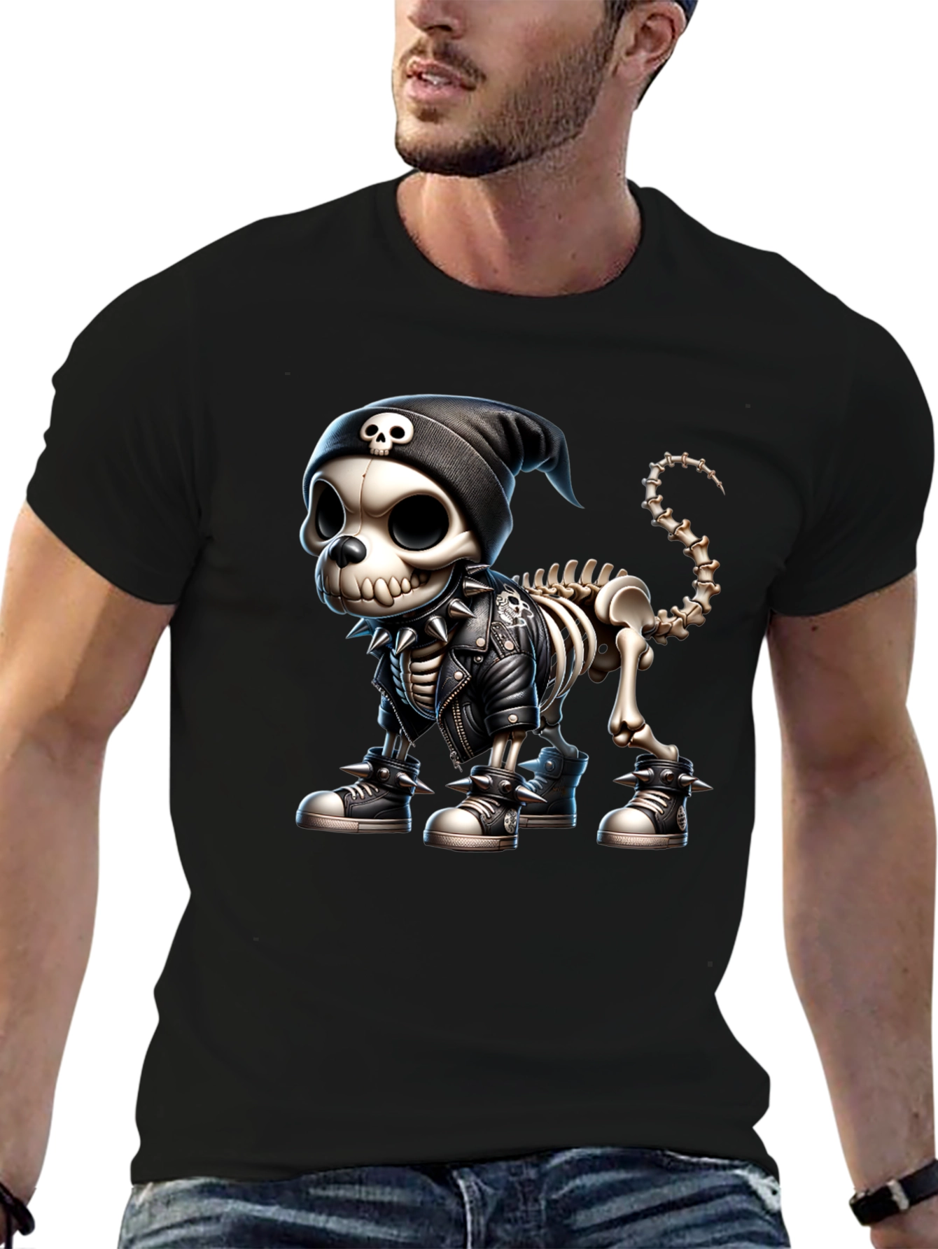 Skeleton Dog in Punk Rock Style Graphic Tee