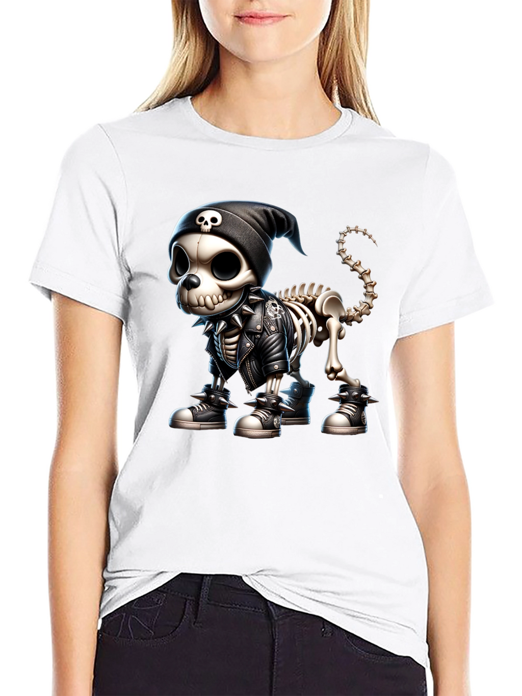 Skeleton Dog in Punk Rock Style Graphic Tee