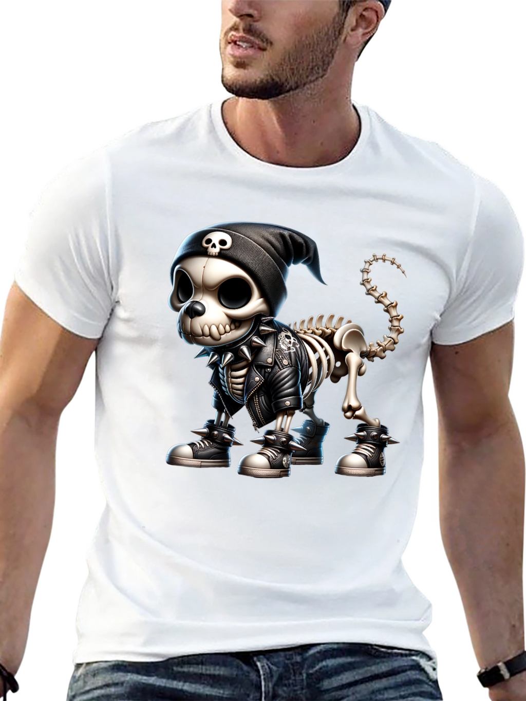 Skeleton Dog in Punk Rock Style Graphic Tee
