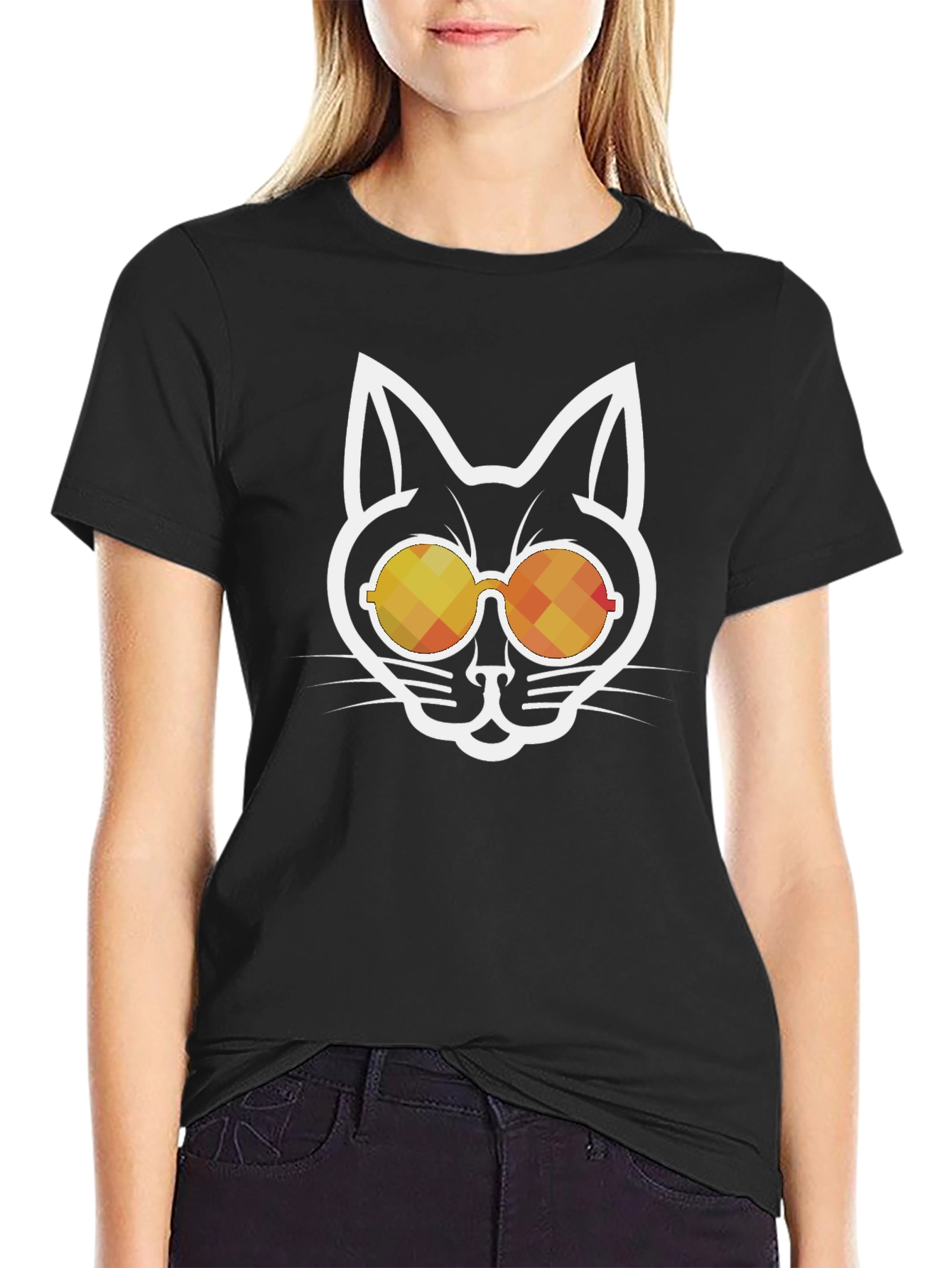 Cool Cat Sunglasses Graphic Tee - Black Cotton Blend
