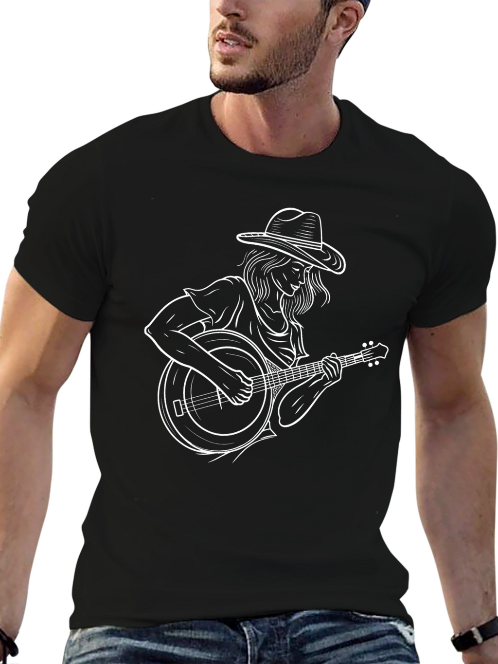 Black Graphic Tee - Woman Playing Banjo