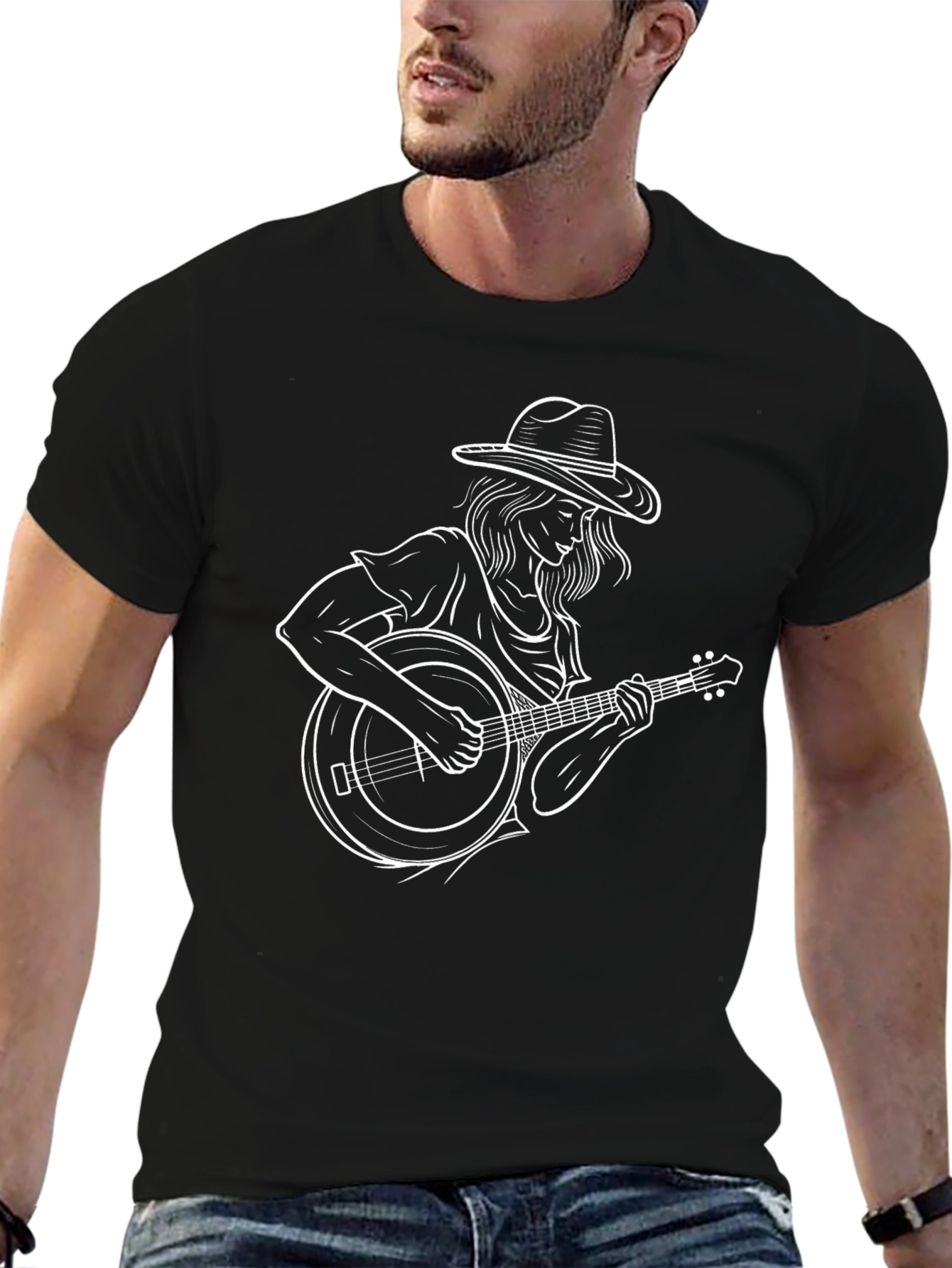Black Graphic Tee - Woman Playing Banjo
