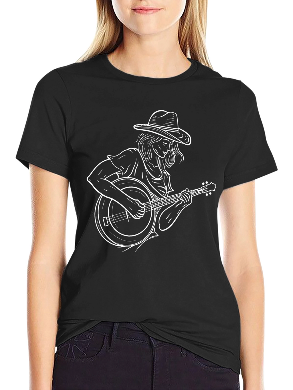 Black Graphic Tee - Woman Playing Banjo