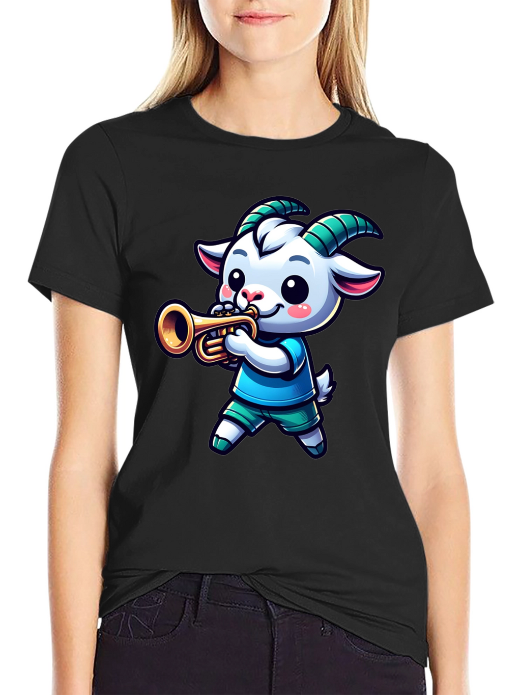 Goat Trumpet Player Black T-Shirt
