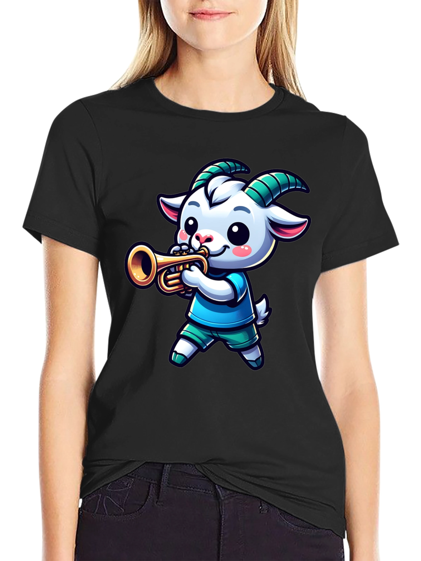 Goat Trumpet Player Black T-Shirt