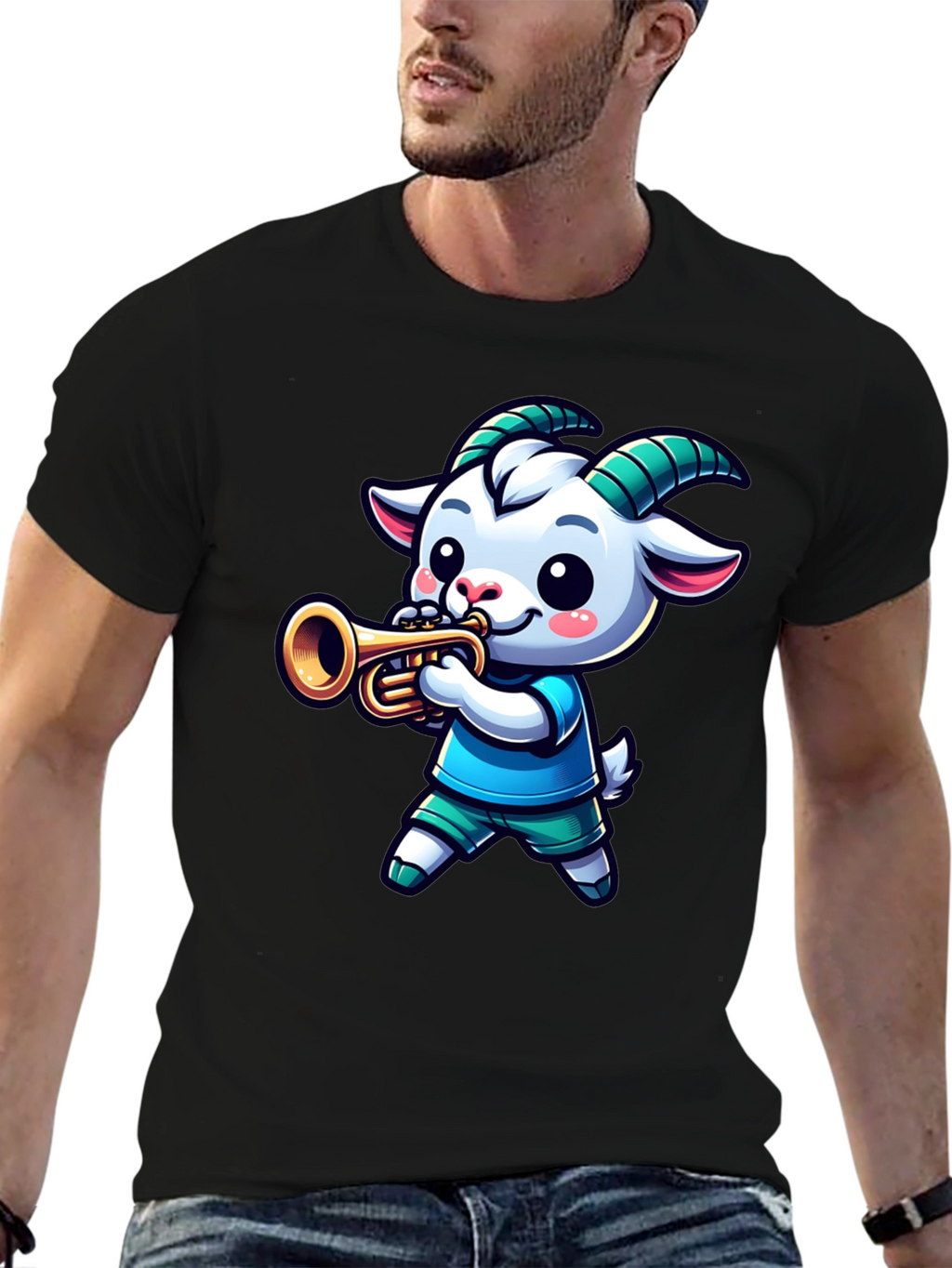 Goat Trumpet Player Black T-Shirt