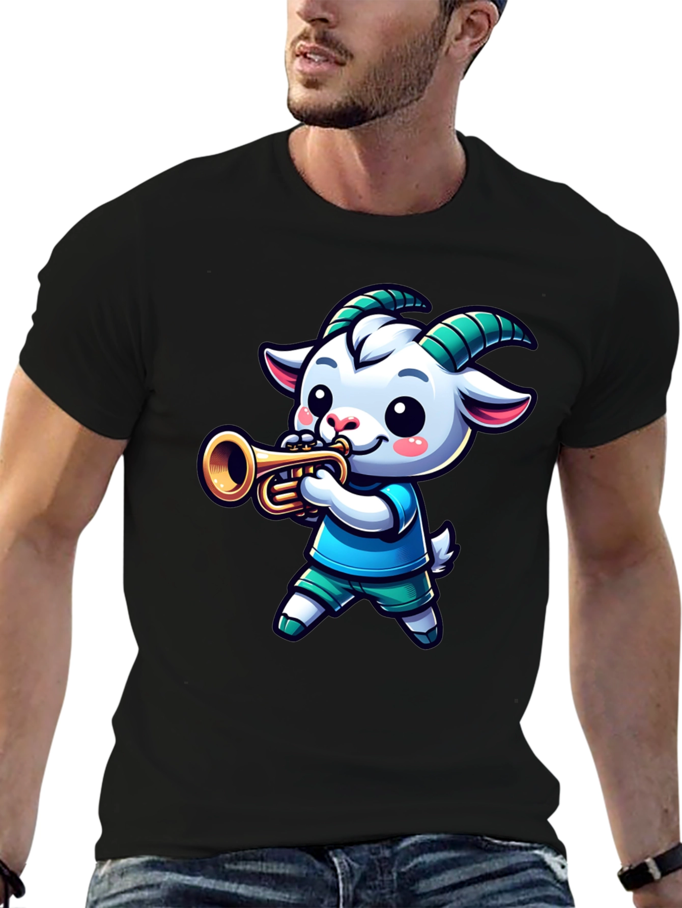 Goat Trumpet Player Black T-Shirt
