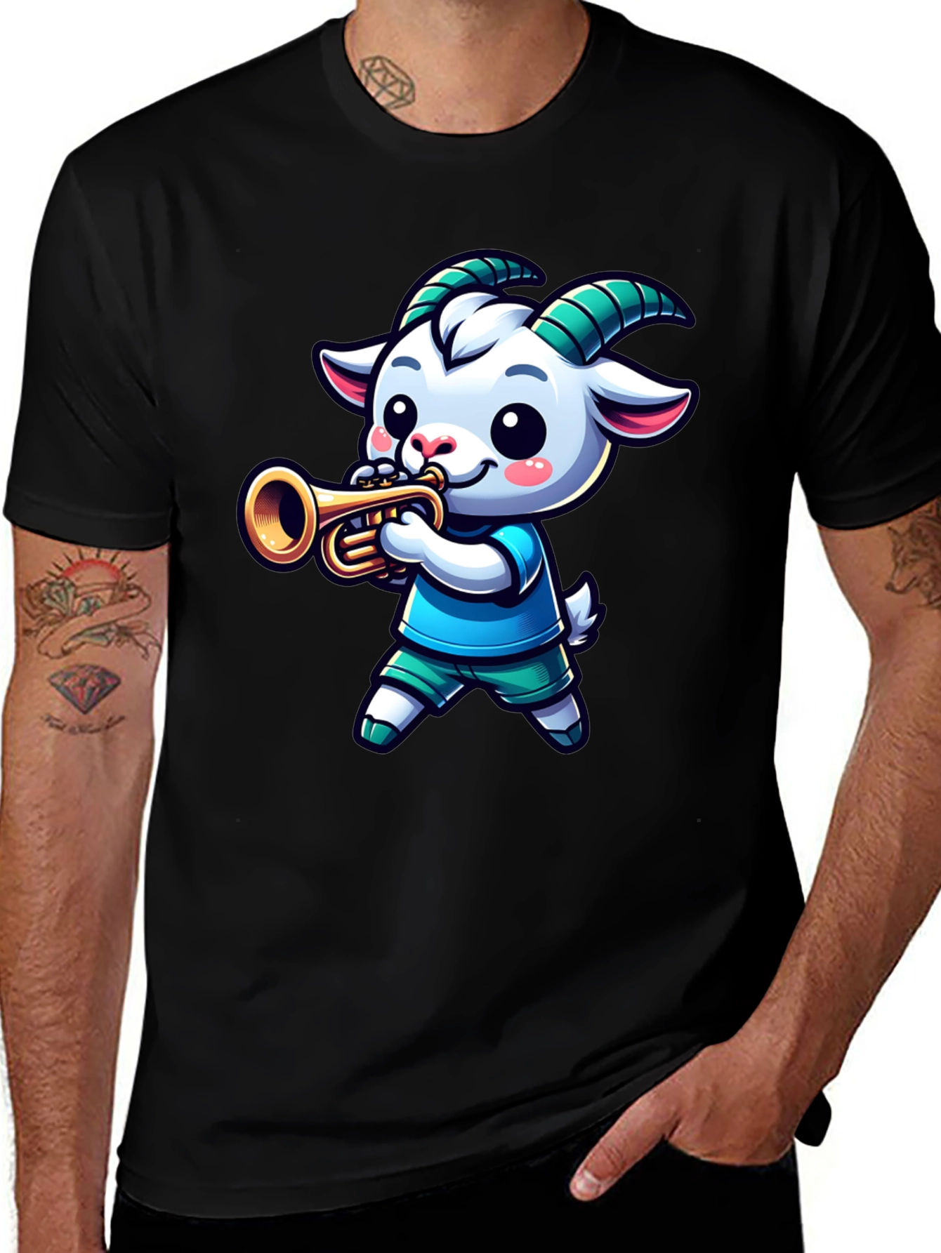 Goat Trumpet Player Black T-Shirt
