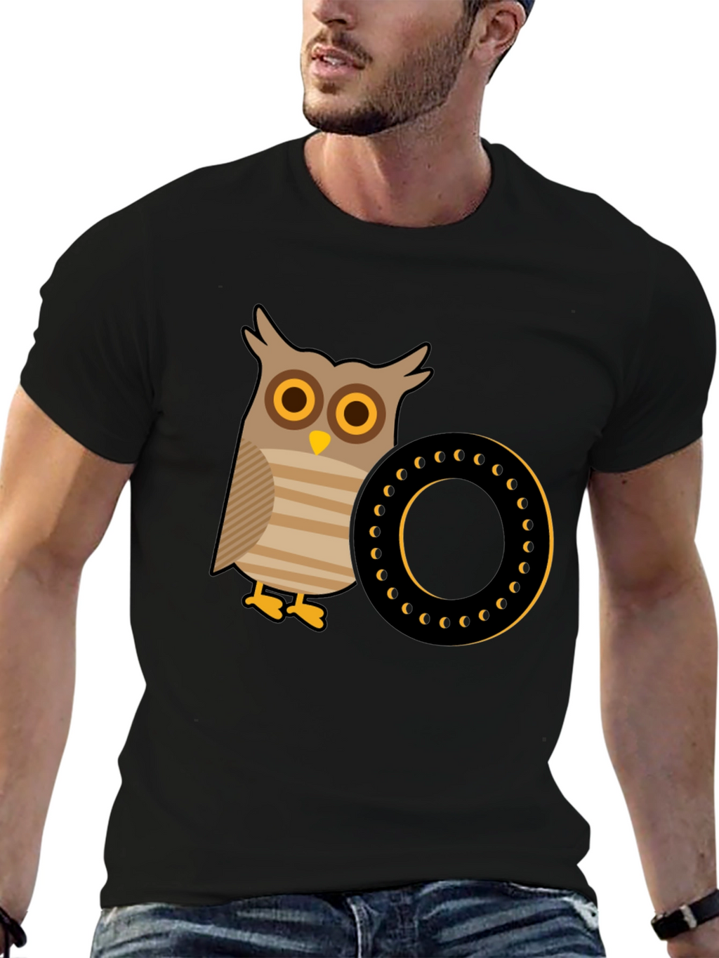 Owl and Letter O Graphic Tee - Black Cotton