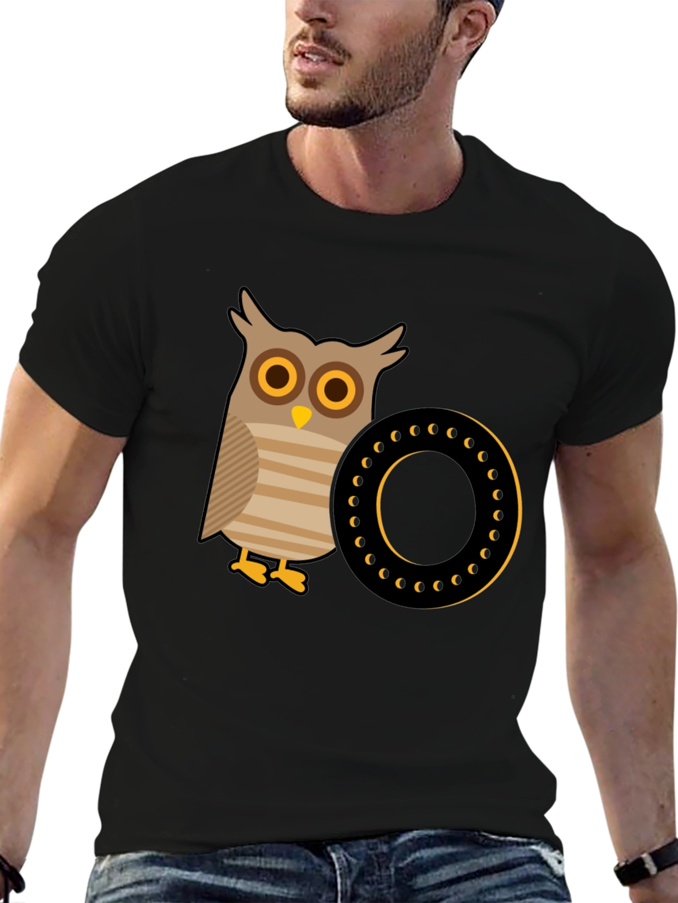 Owl and Letter O Graphic Tee - Black Cotton