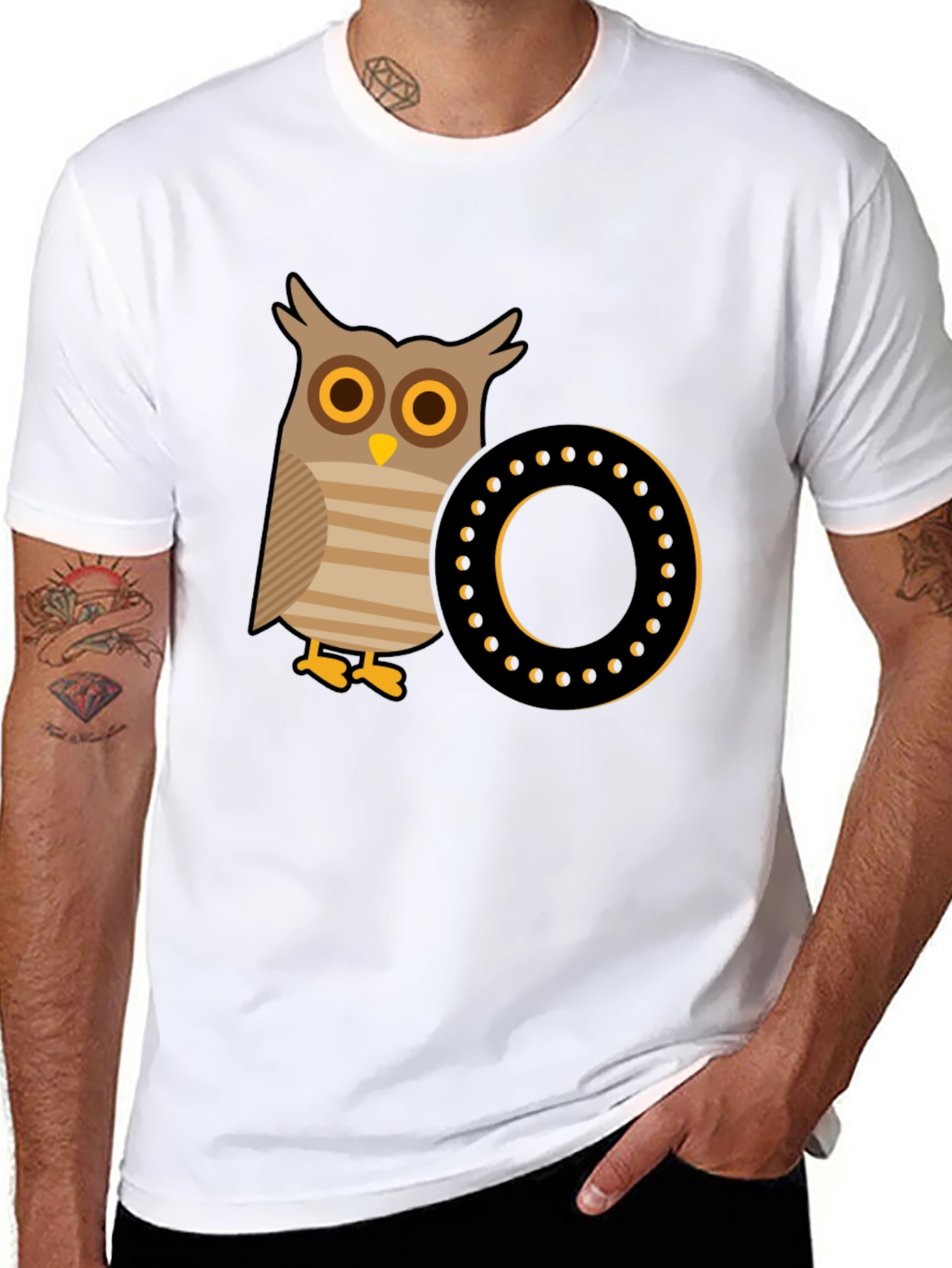 Owl and Letter O Graphic Tee - Black Cotton