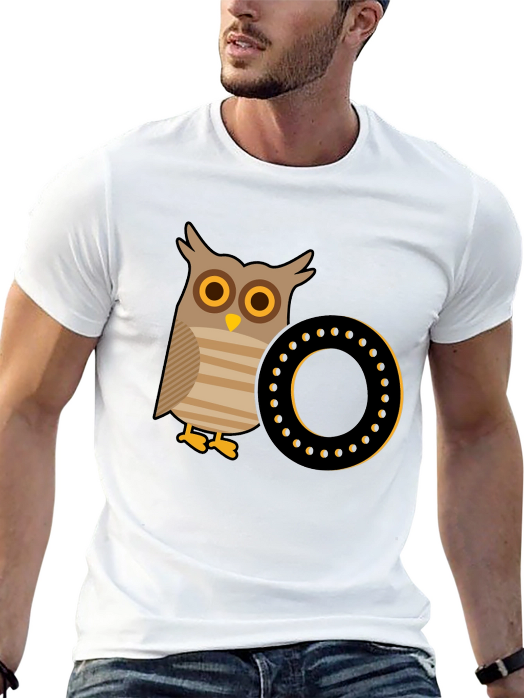 Owl and Letter O Graphic Tee - Black Cotton