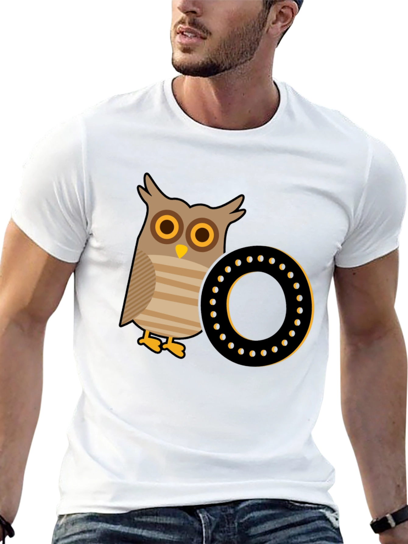 Owl and Letter O Graphic Tee - Black Cotton