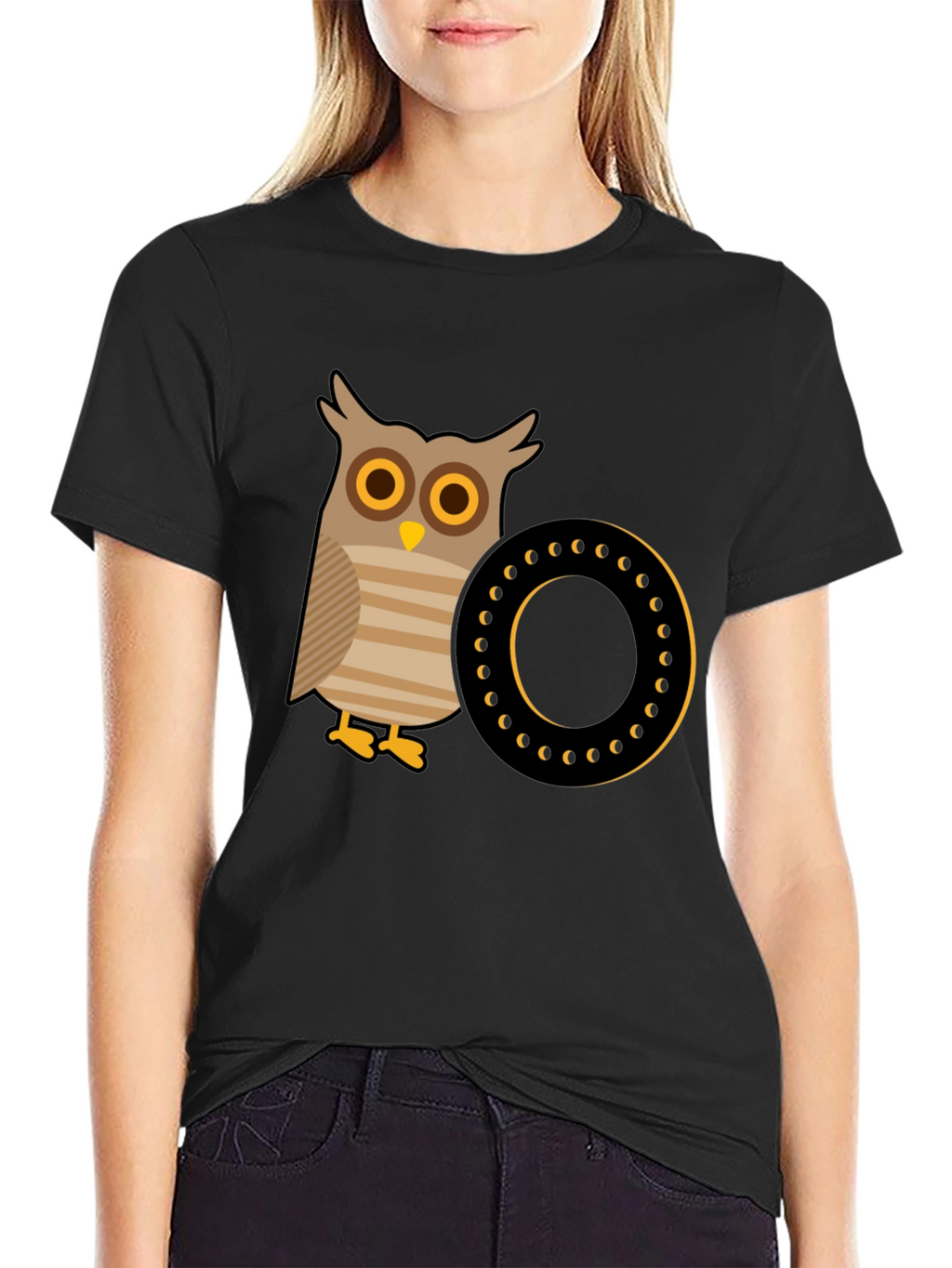 Owl and Letter O Graphic Tee - Black Cotton