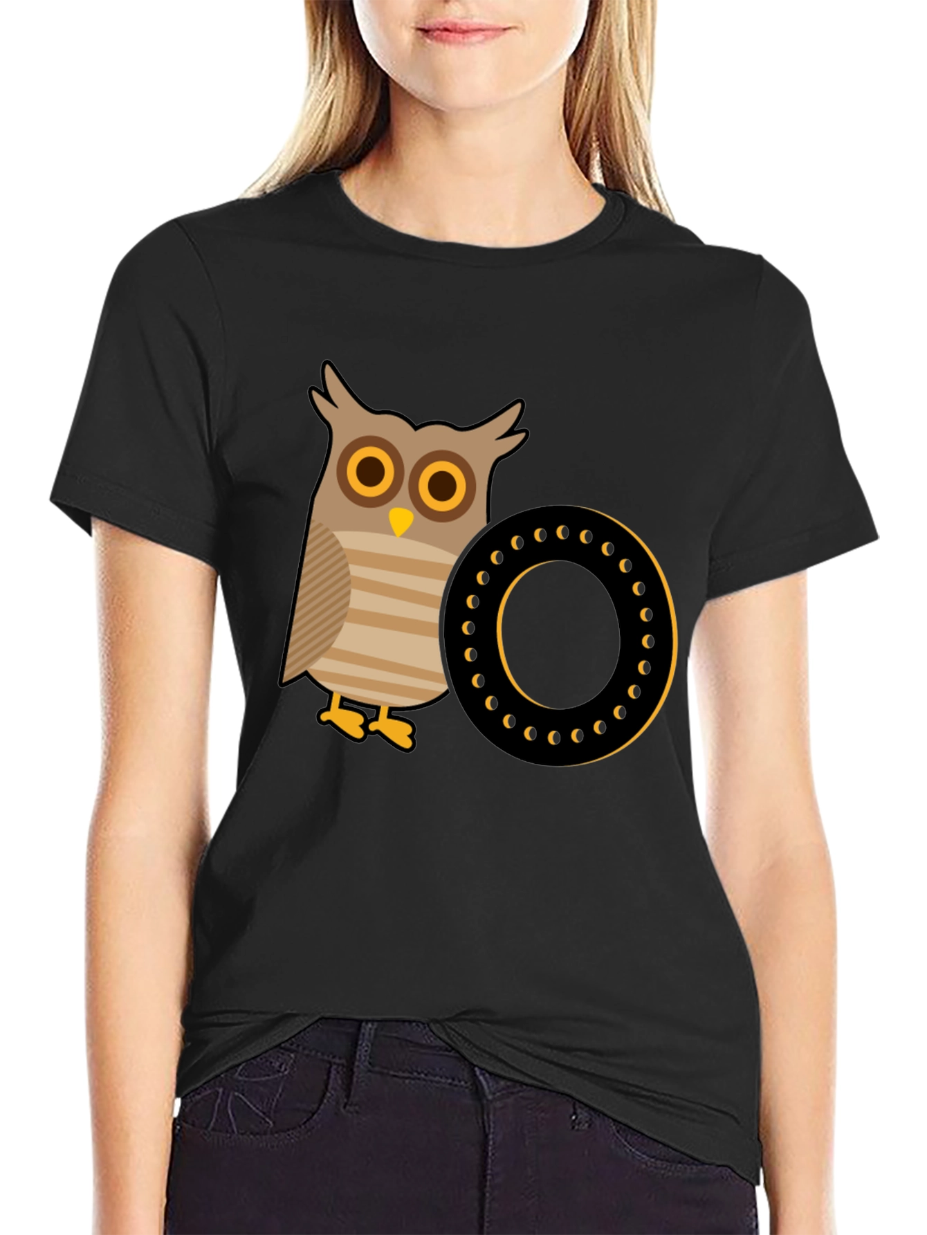 Owl and Letter O Graphic Tee - Black Cotton