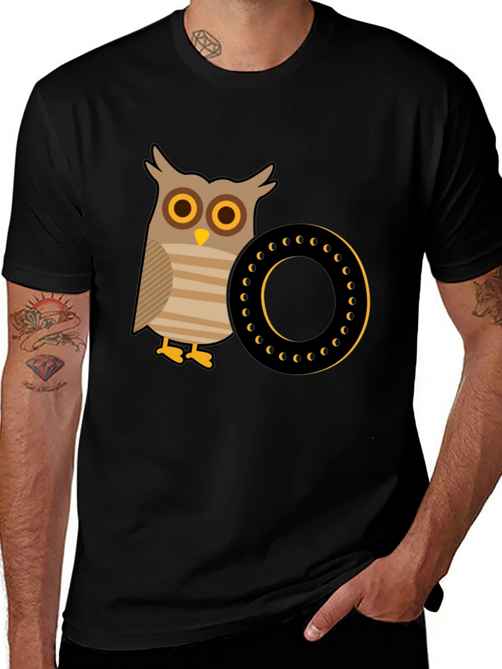 Owl and Letter O Graphic Tee - Black Cotton