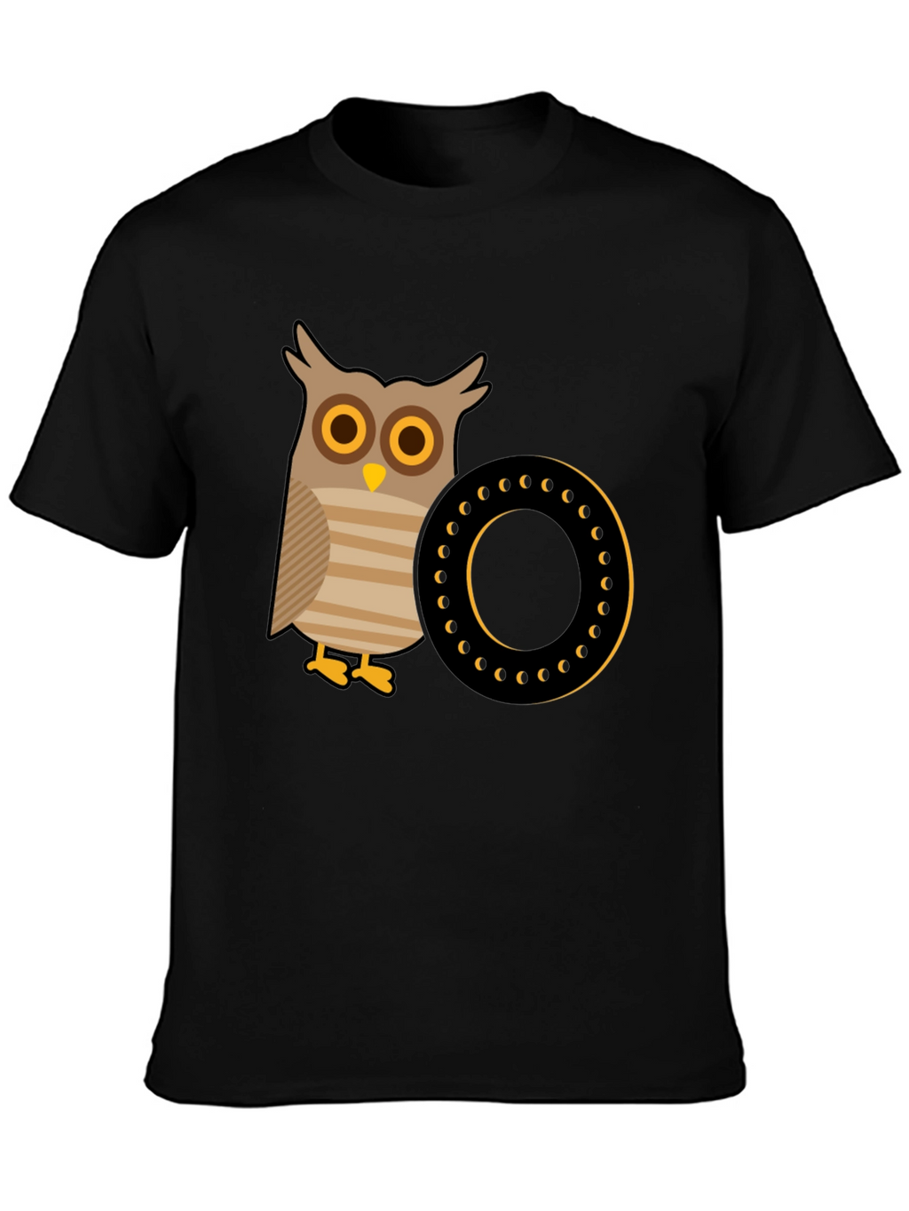 Owl and Letter O Graphic Tee - Black Cotton