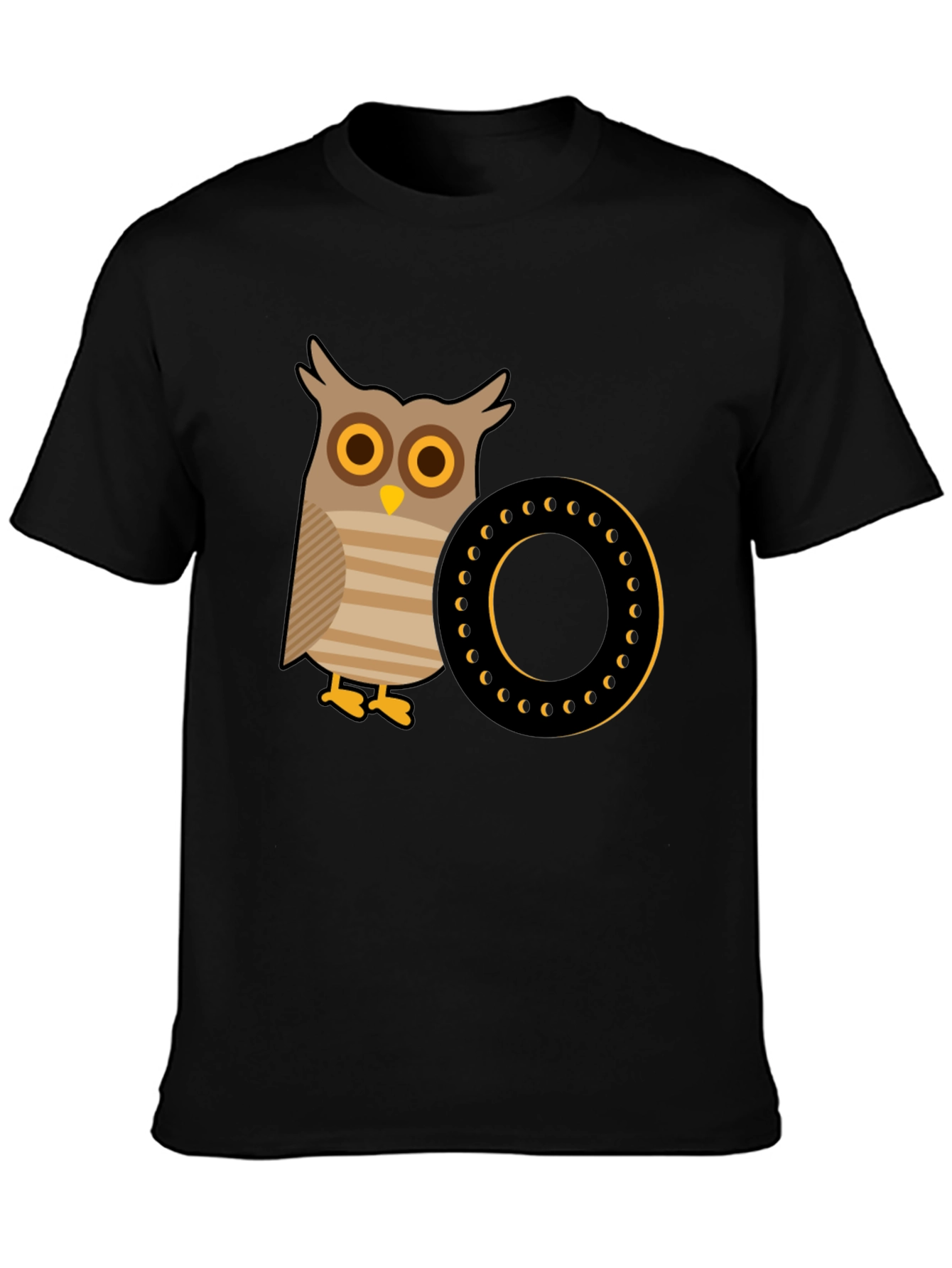 Owl and Letter O Graphic Tee - Black Cotton