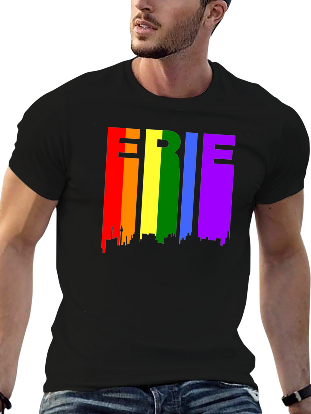 Erie Pride T-Shirt - Rainbow Cityscape Design