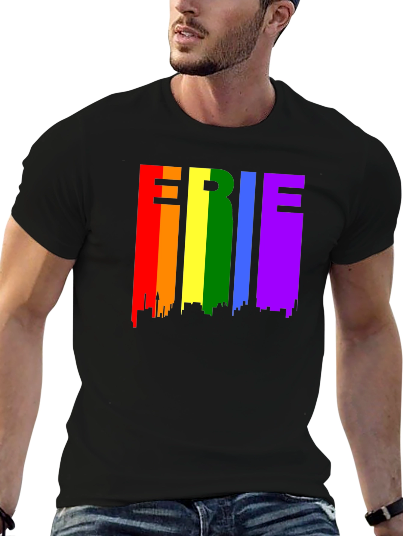 Erie Pride T-Shirt - Rainbow Cityscape Design