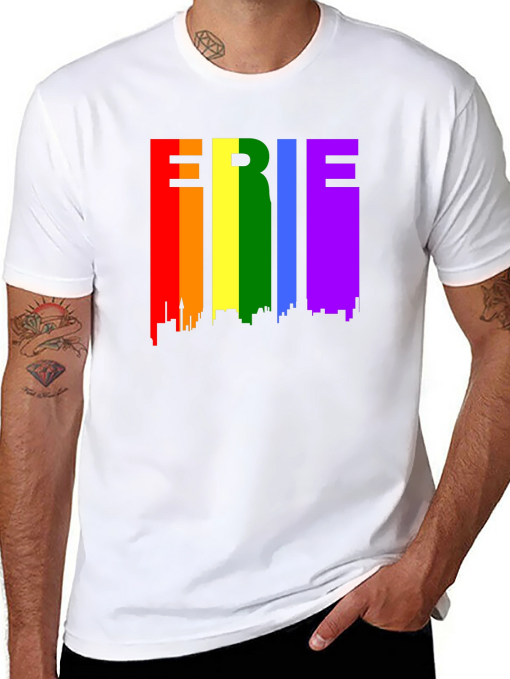 Erie Pride T-Shirt - Rainbow Cityscape Design