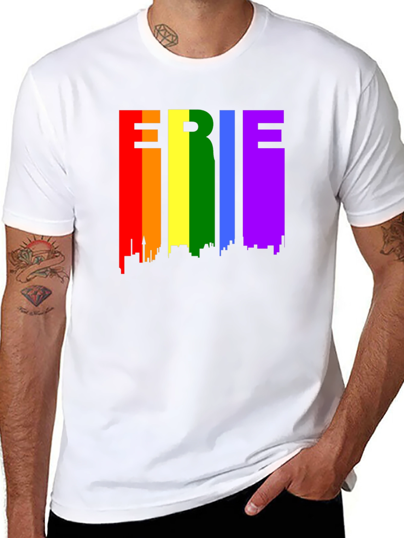 Erie Pride T-Shirt - Rainbow Cityscape Design