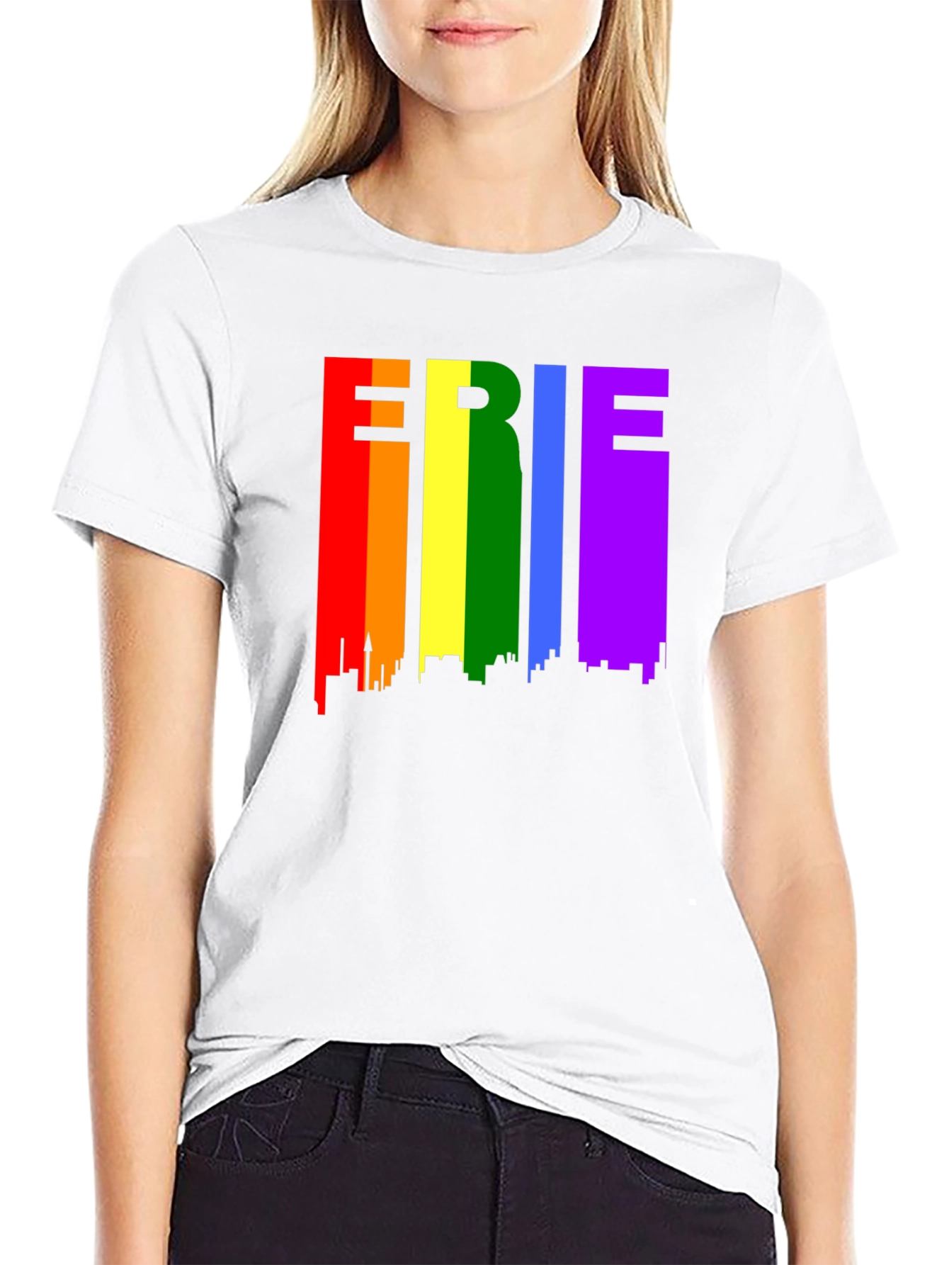 Erie Pride T-Shirt - Rainbow Cityscape Design