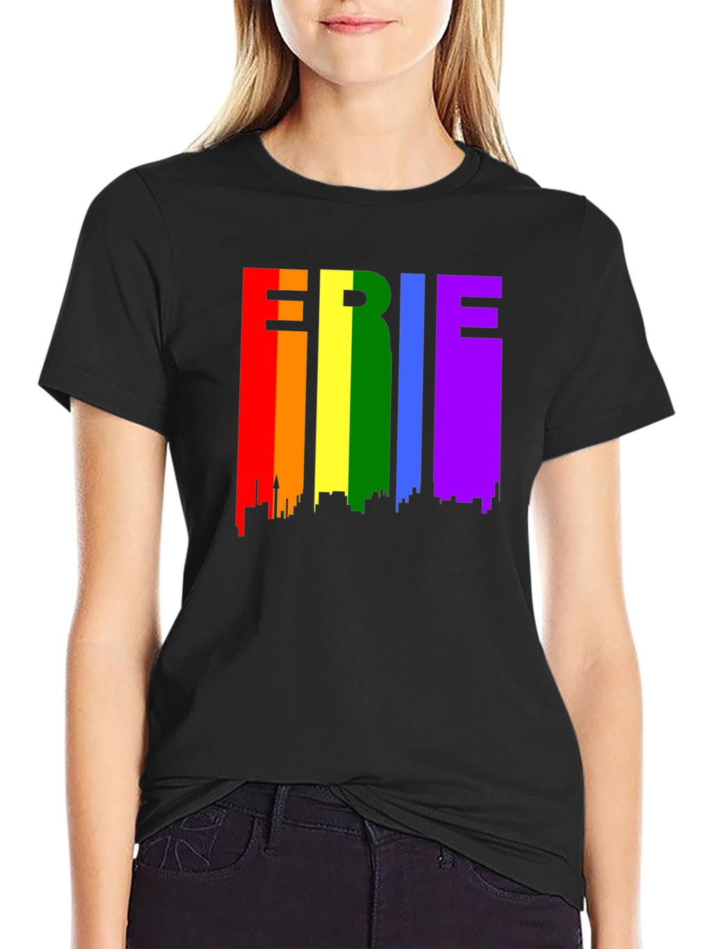 Erie Pride T-Shirt - Rainbow Cityscape Design