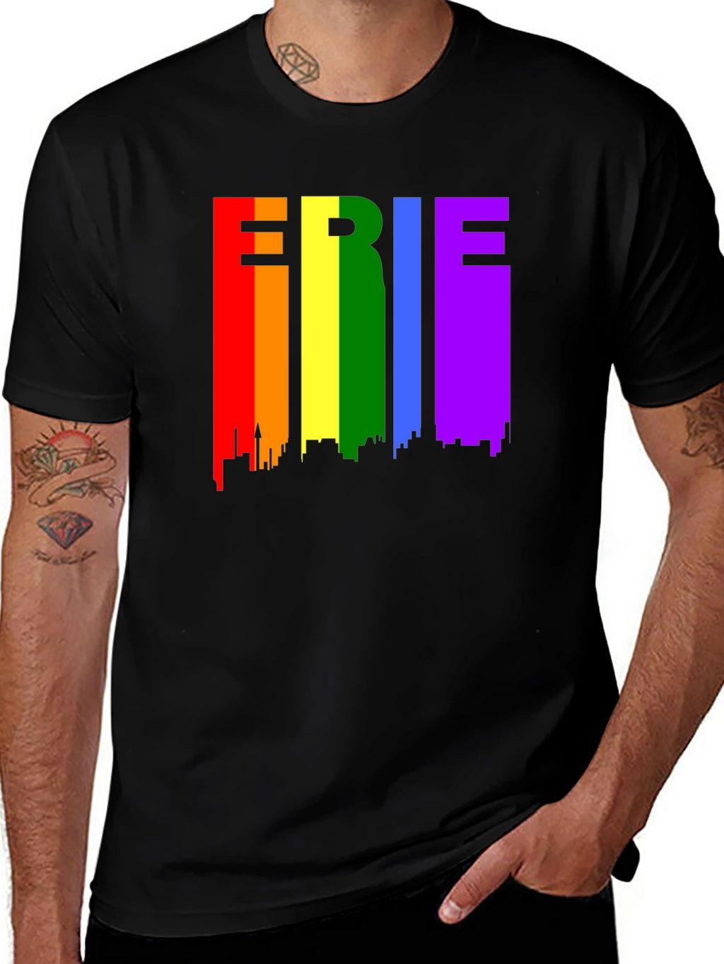 Erie Pride T-Shirt - Rainbow Cityscape Design