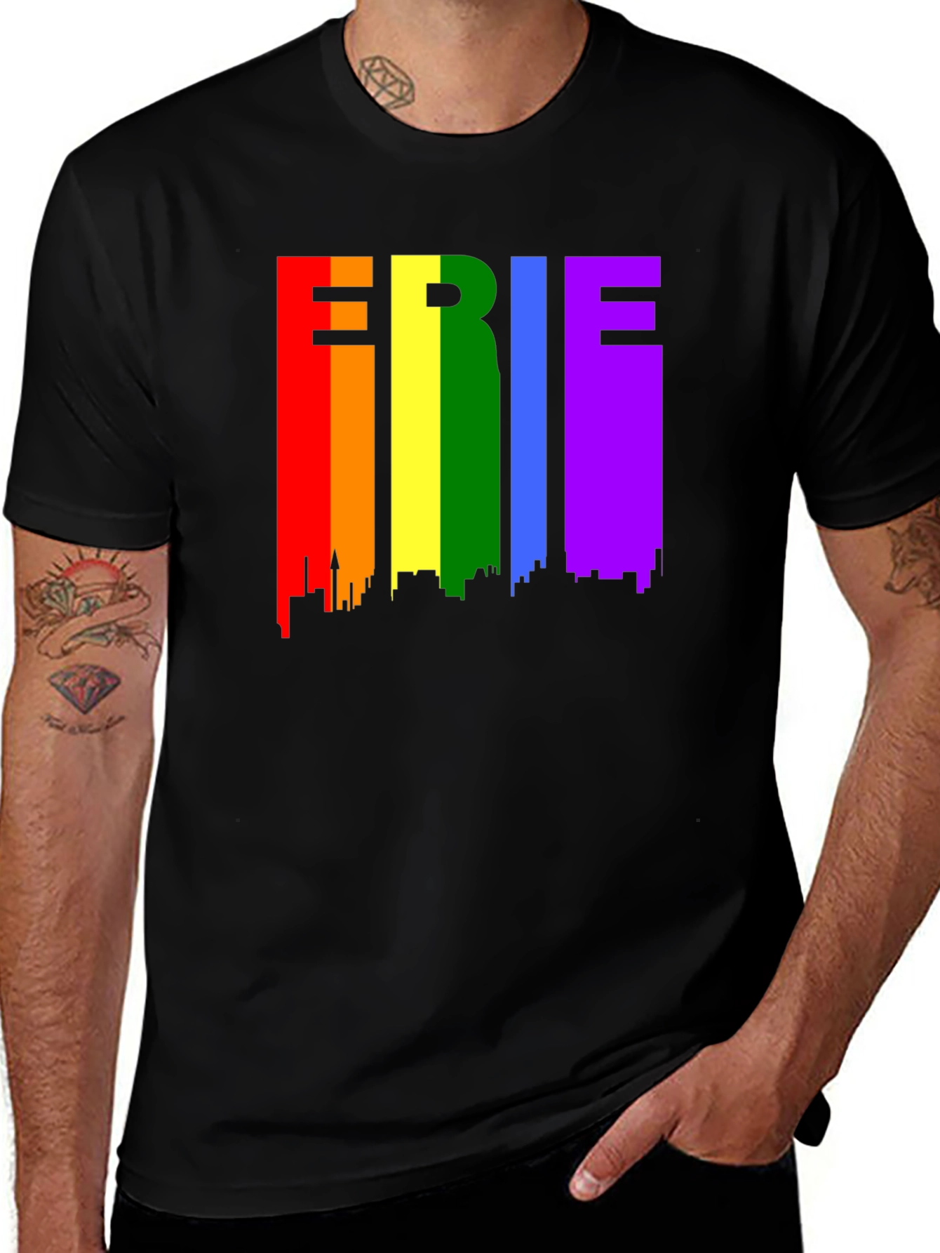 Erie Pride T-Shirt - Rainbow Cityscape Design