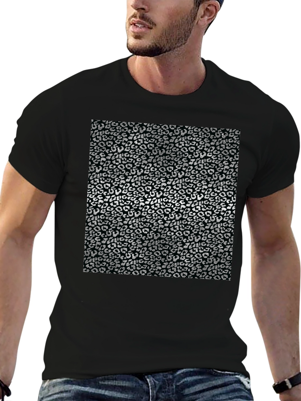Leopard Print Mens Black T-Shirt