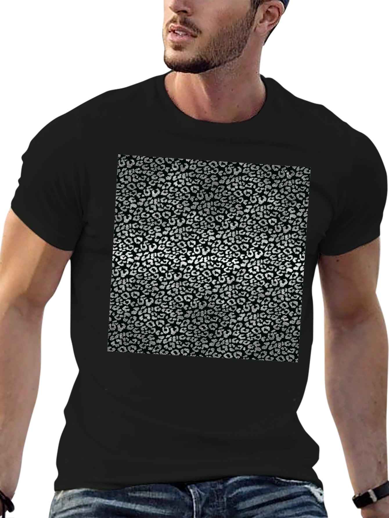 Leopard Print Mens Black T-Shirt