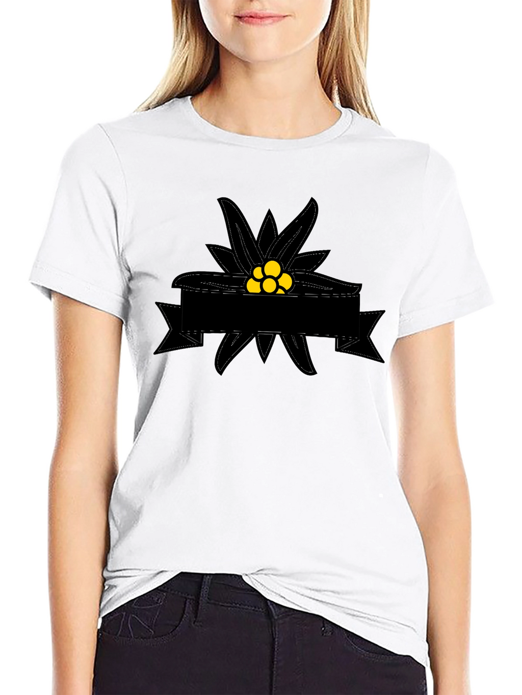Edelweiss Flower Graphic Tee - Black Cotton T-Shirt