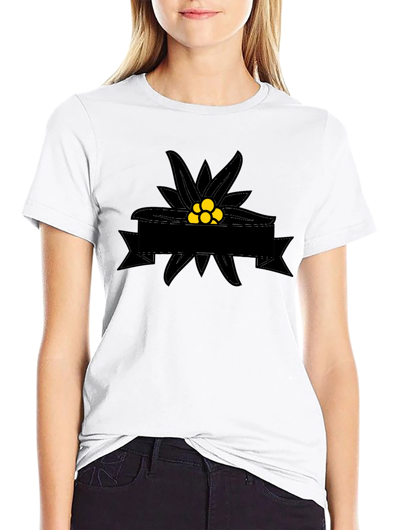 Edelweiss Flower Graphic Tee - Black Cotton T-Shirt