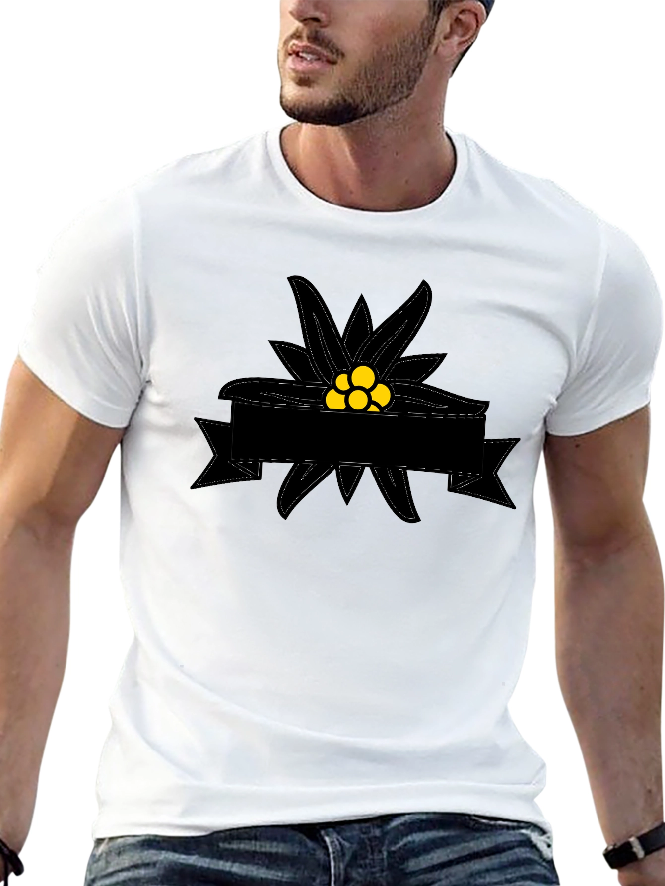 Edelweiss Flower Graphic Tee - Black Cotton T-Shirt