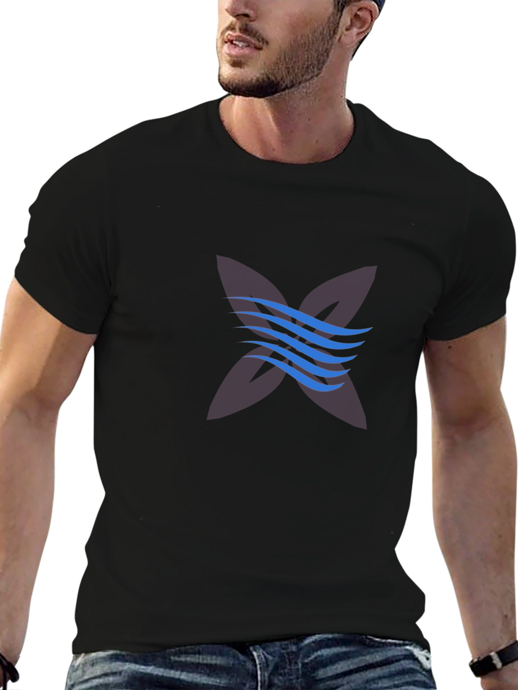 Black Graphic Tee with Abstract Wave Design