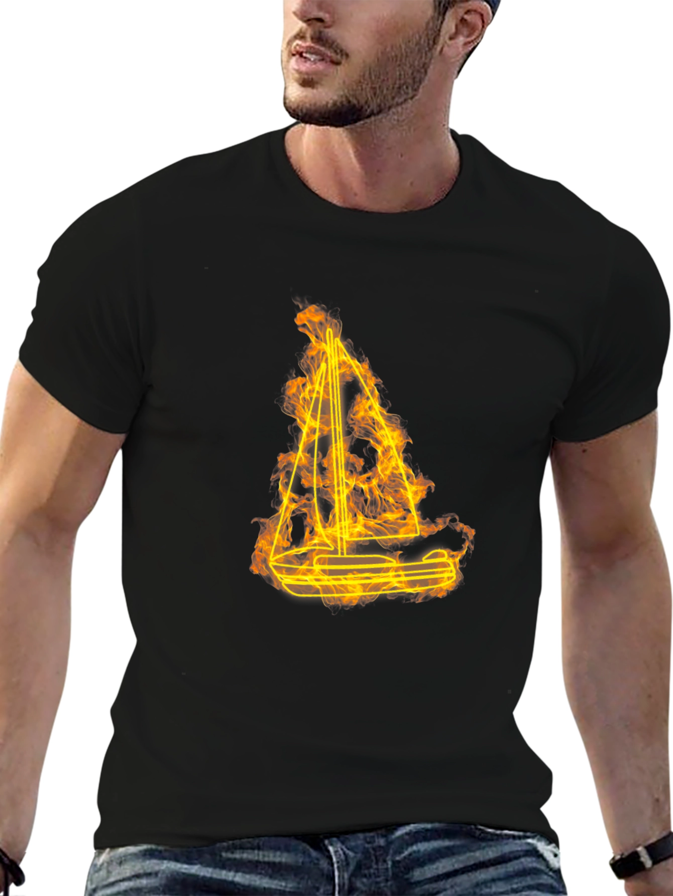 Flaming Sailboat Graphic Tee - Black Cotton Comfort