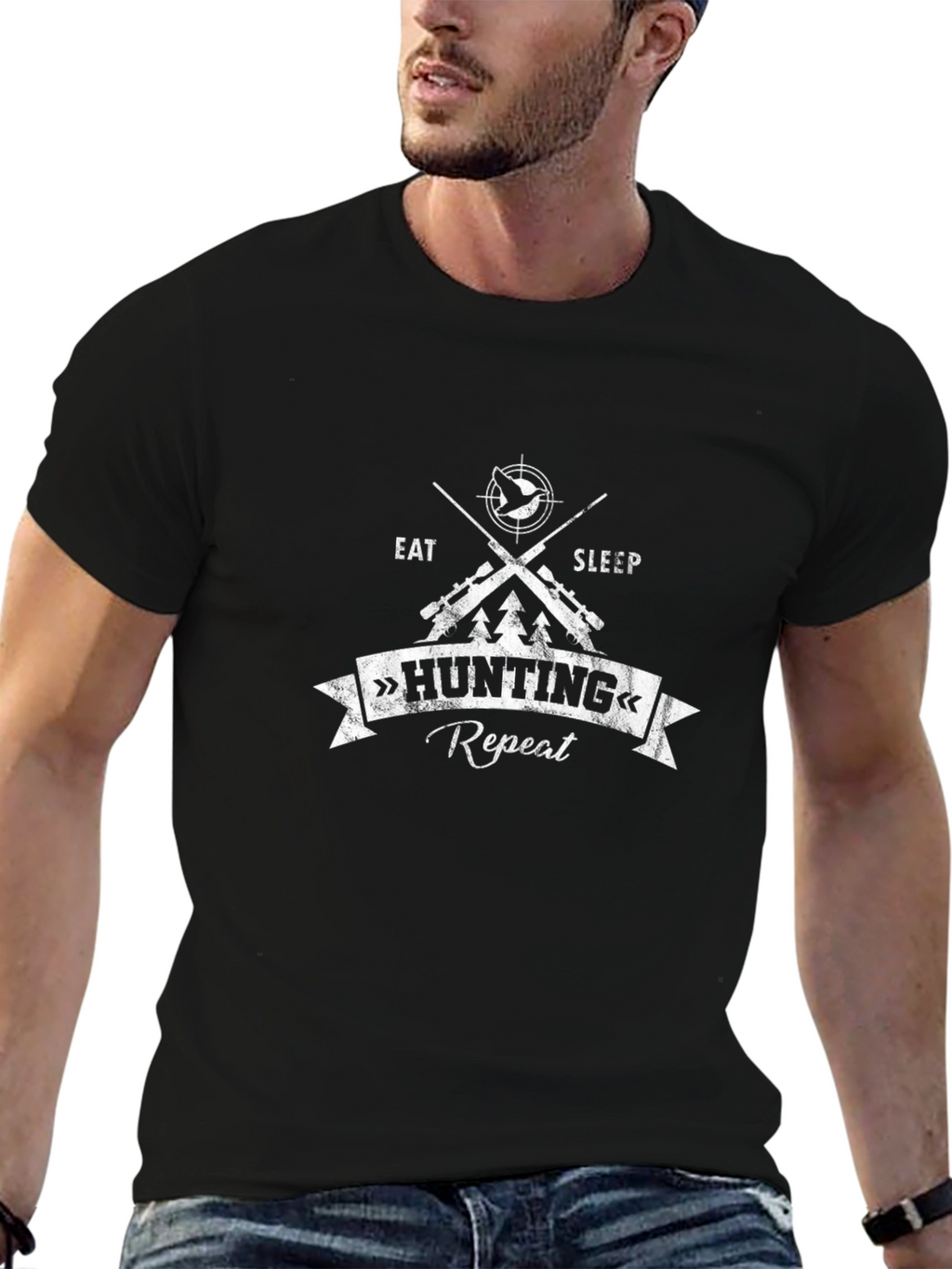 Hunting Eat Sleep Repeat Black Graphic T-Shirt