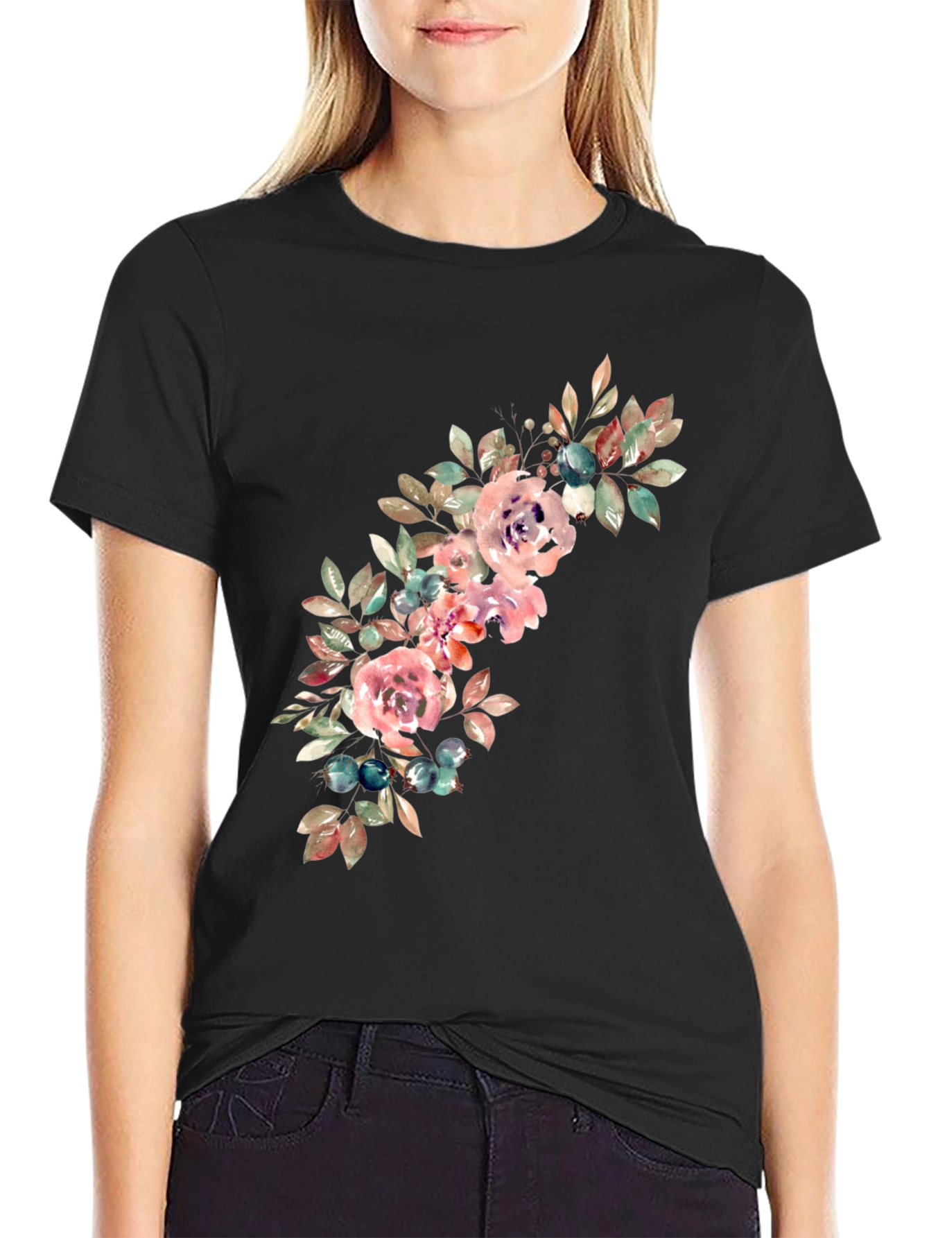 Floral Watercolor Graphic Black T-Shirt