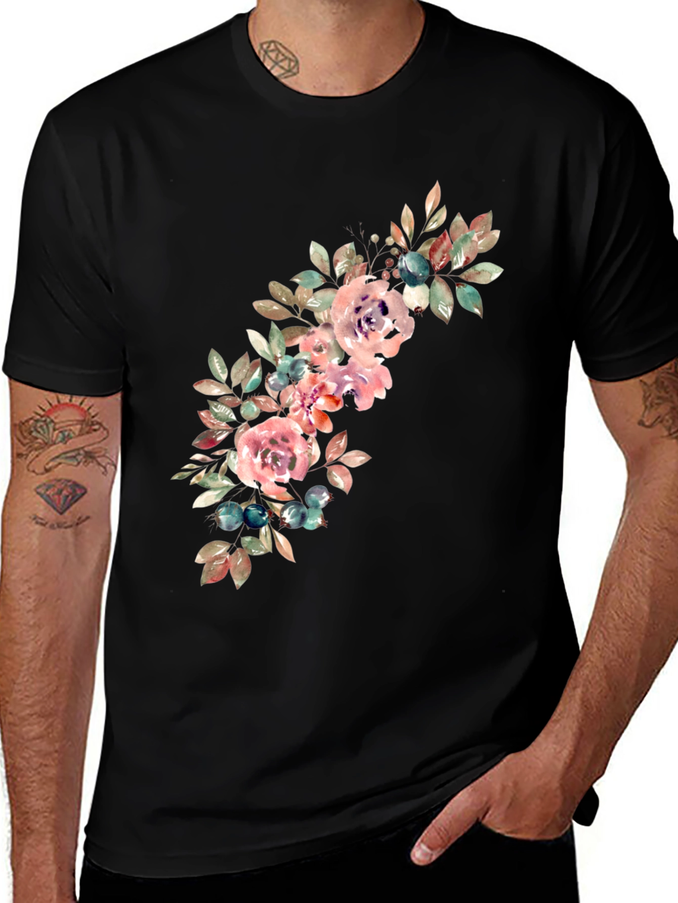 Floral Watercolor Graphic Black T-Shirt