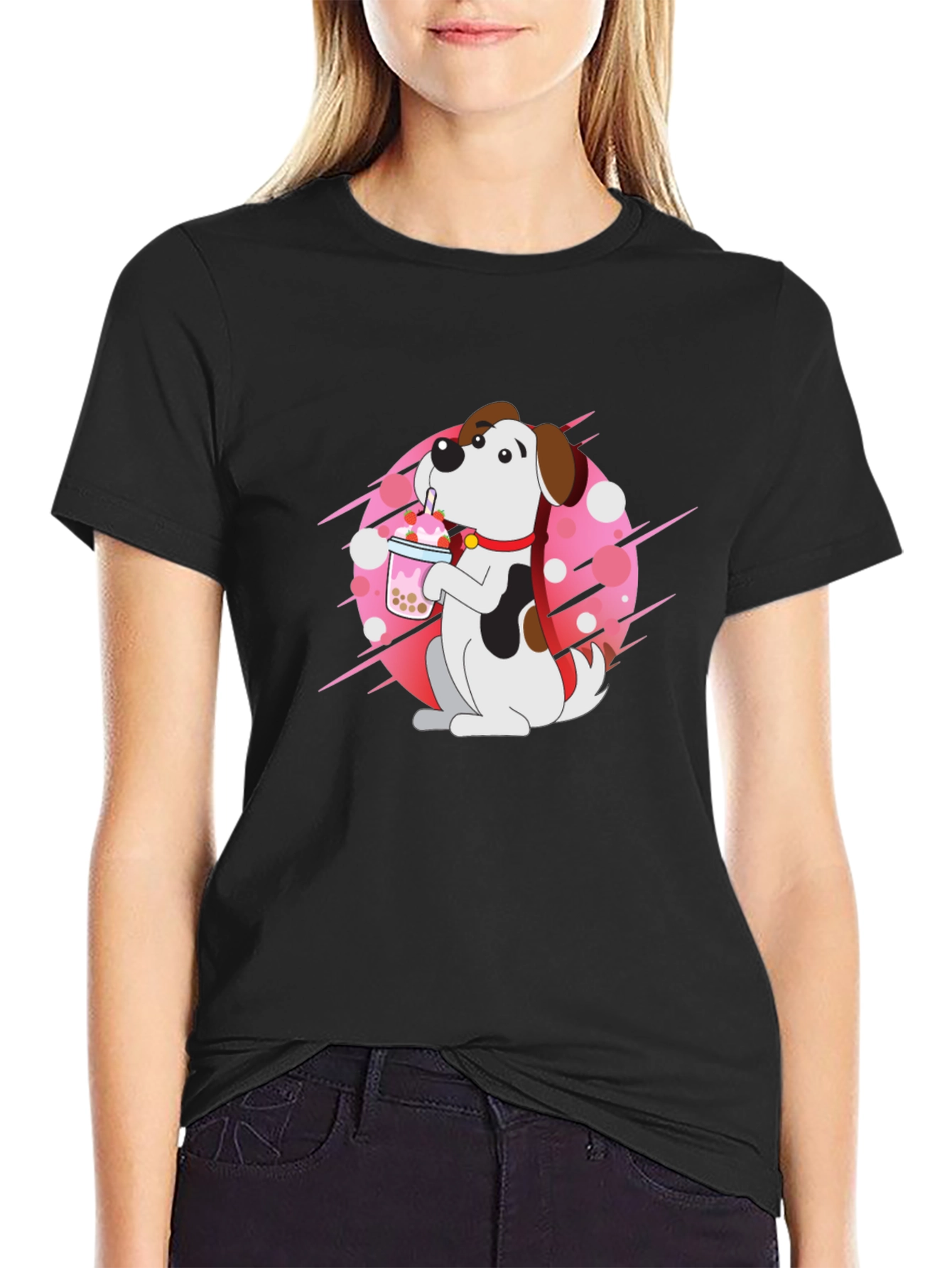 Dog Drinking Boba Tea Black T-Shirt