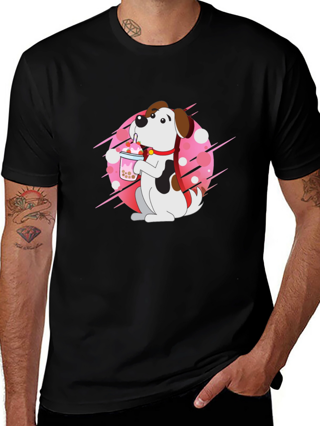 Dog Drinking Boba Tea Black T-Shirt