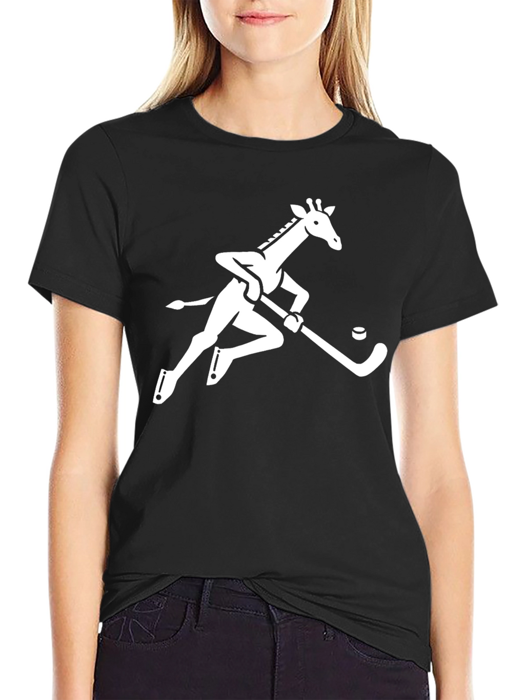 Giraffe Hockey Player Graphic Tee - Black